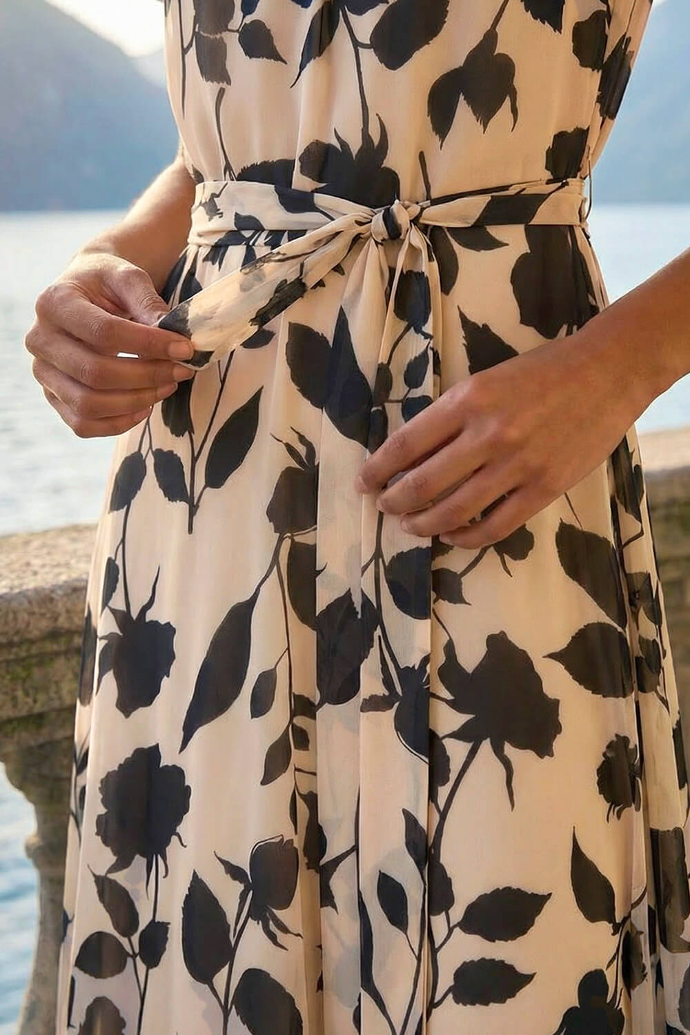 Cream Floral Print Pleated Neck Midi Dress