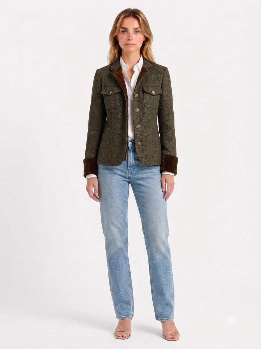 The-Elica Dolores Contrast-Trim Twill Blazer - Olive Green - front view