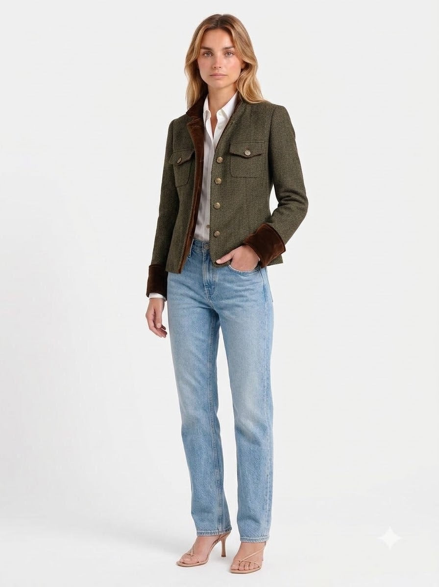 The-Elica Dolores Contrast-Trim Twill Blazer - Olive Green - three quarter view