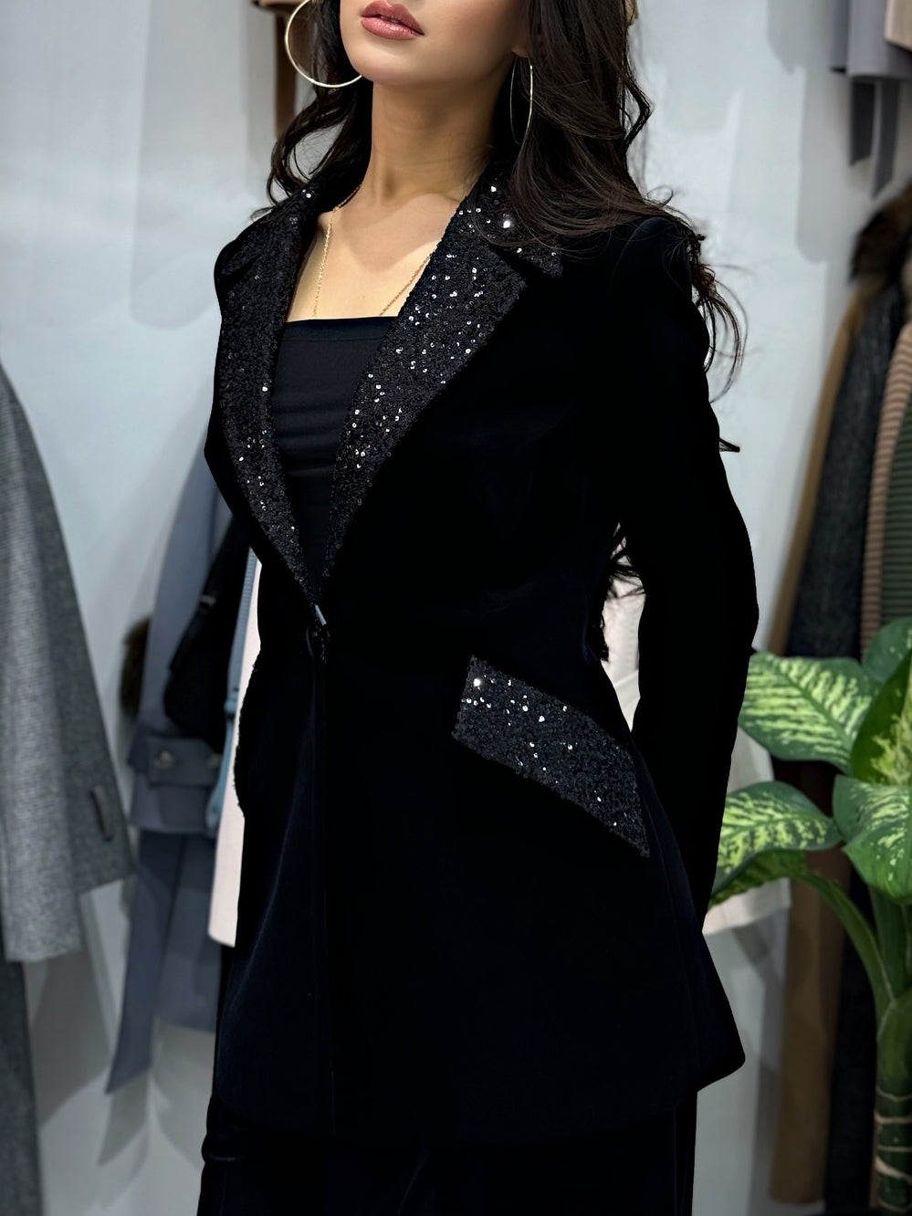 Velvet Sequin Blazer & High-Waist Pants Set