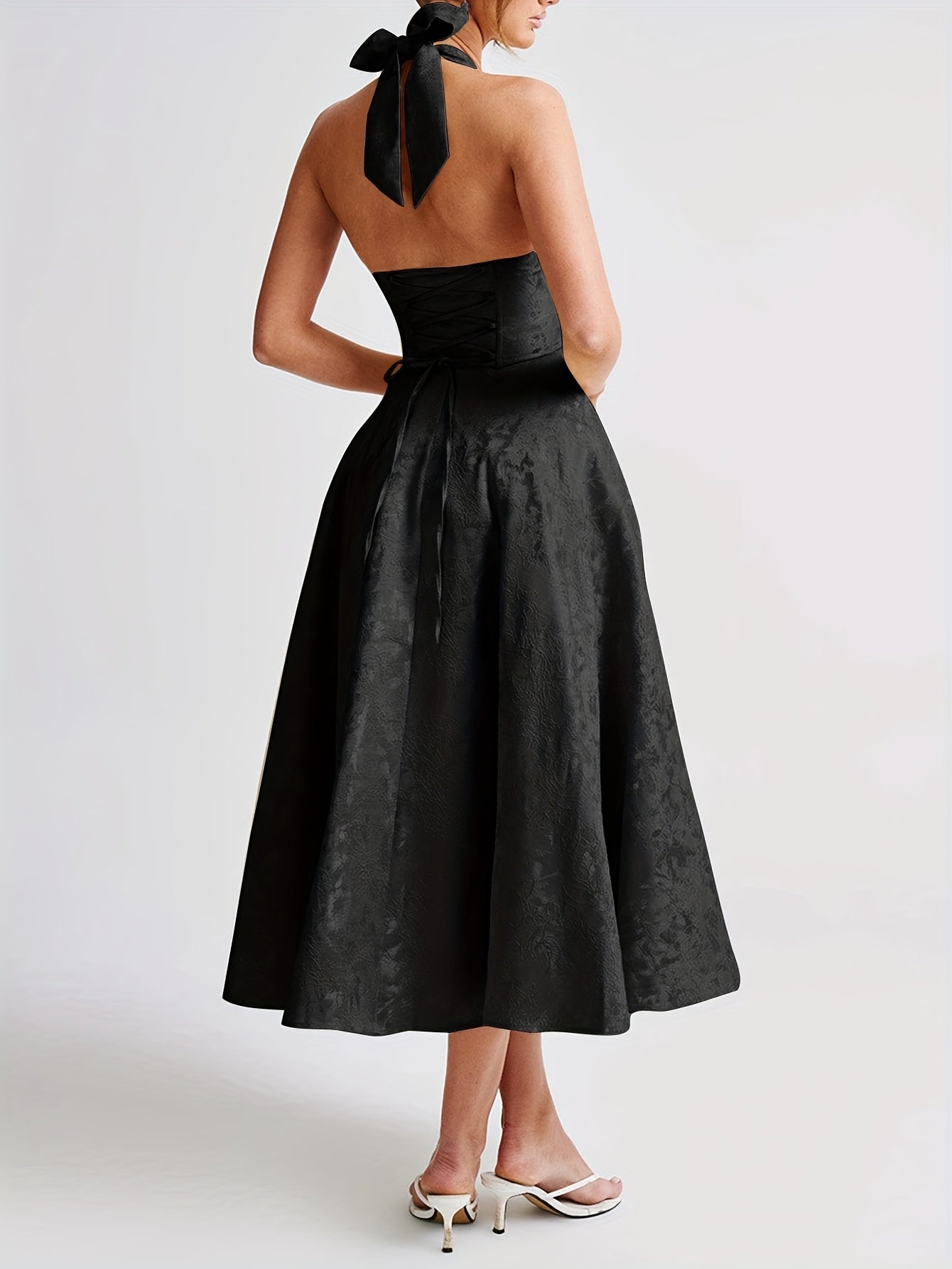 Women's French-Style Elegant Deep V Lace-Up Halter Dress, Jacquard Fabric Dress, Suitable for Evening Parties, Weddings, and Other Occasions