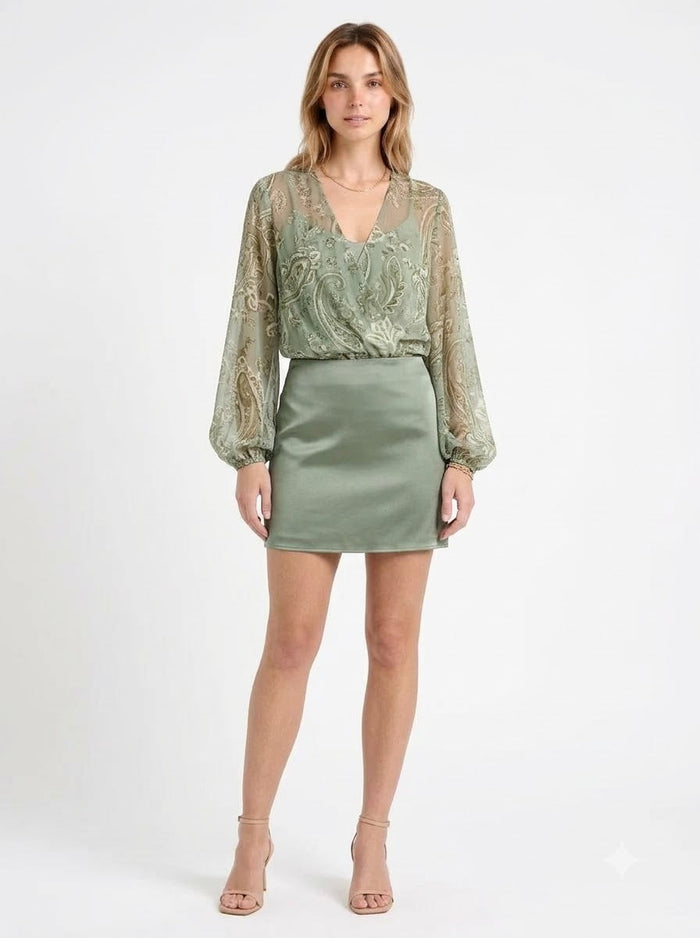 The-Elica Verona Ruffle Blouse & Satin Skirt Set