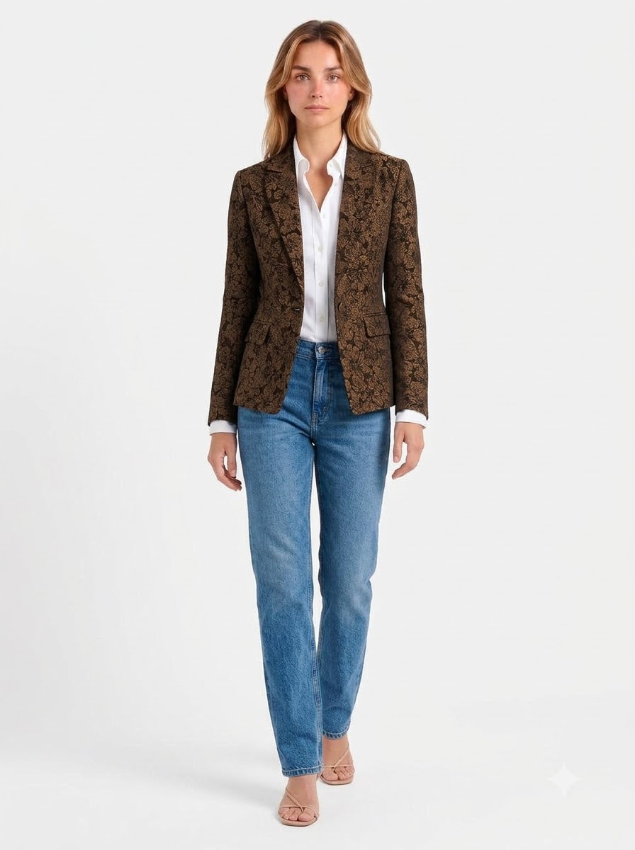 The-Elica Loretta Jacquard Fitted Blazer - Black - walking pose