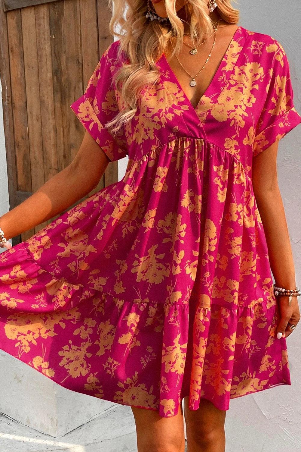 Tilly™ - Layered Rose Print Smock Dress