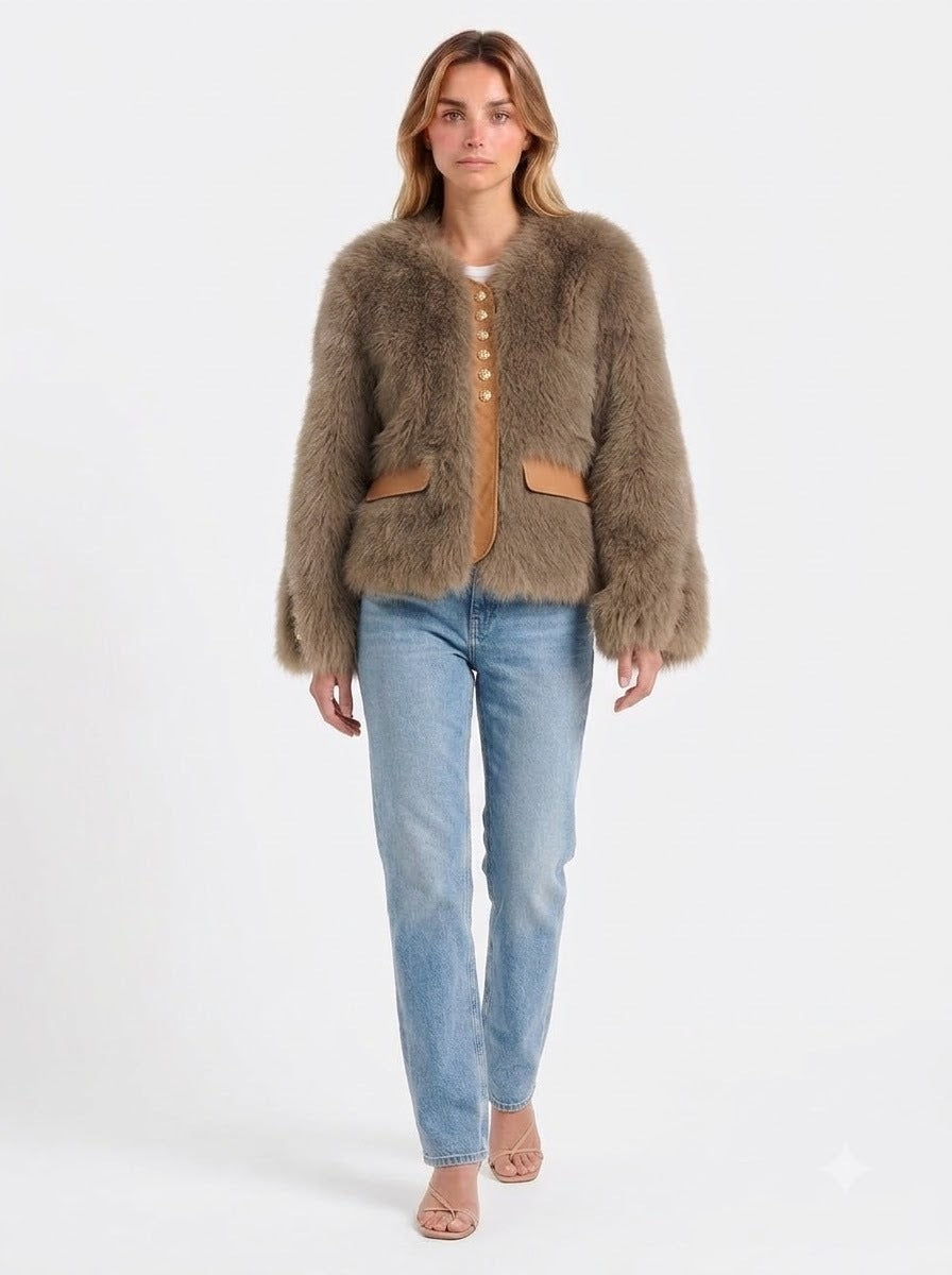 The-Elica Solène Short Elegant Jacket - Taupe - walking pose