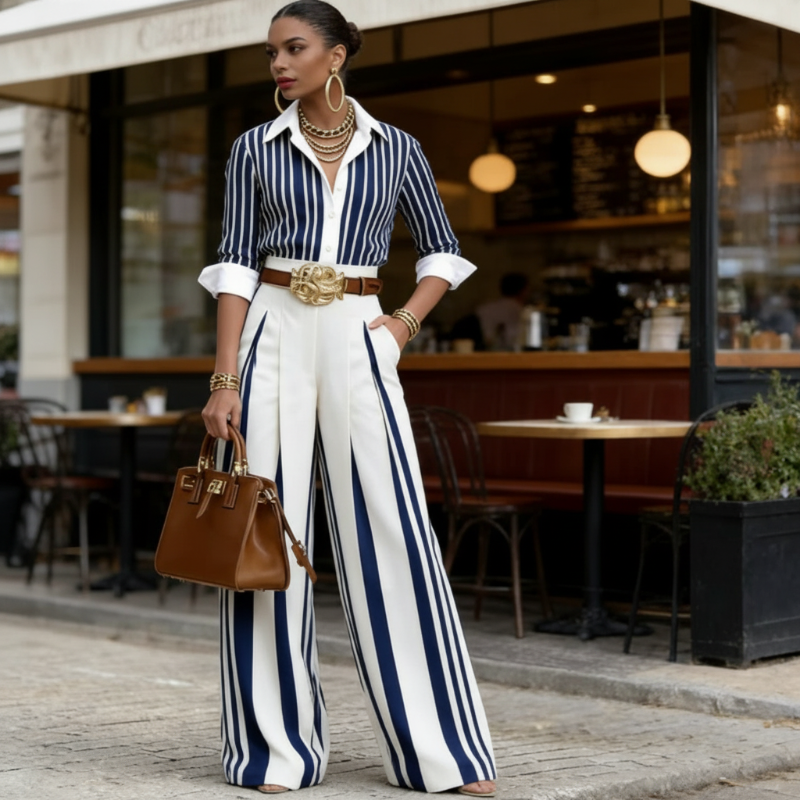 Chic Striped Shirt and Palazzo Pant Set