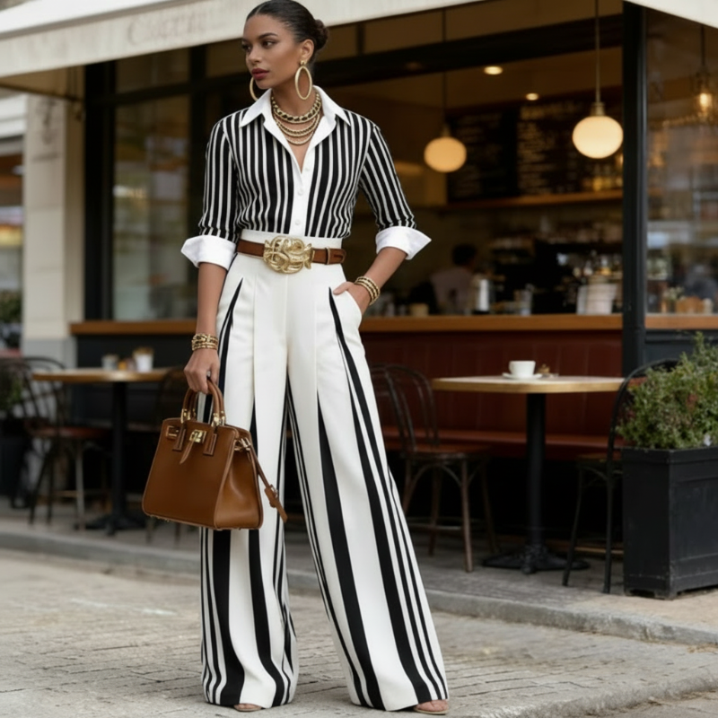 Chic Striped Shirt and Palazzo Pant Set