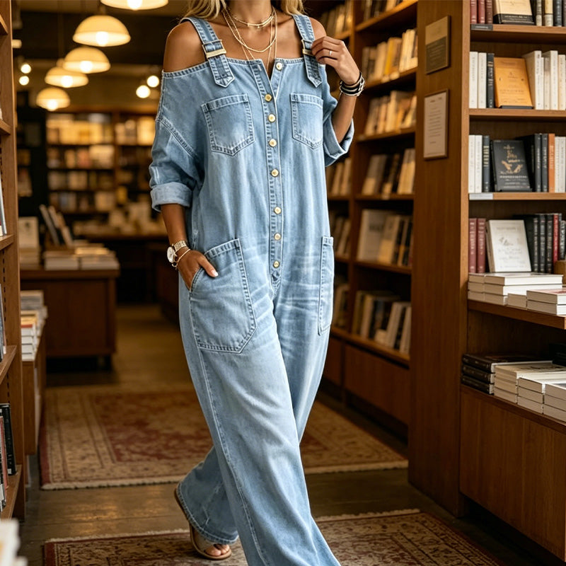 THE-ELICA | Off-Shoulder Wide-Leg Utility Jumpsuit
