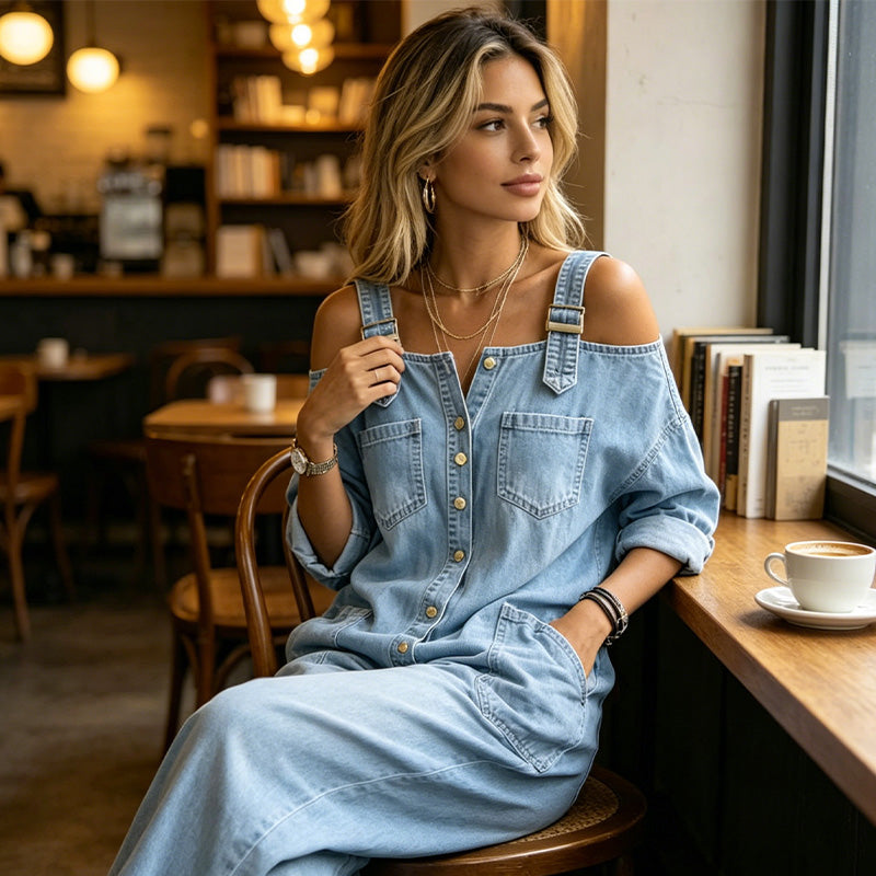 THE-ELICA | Off-Shoulder Wide-Leg Utility Jumpsuit