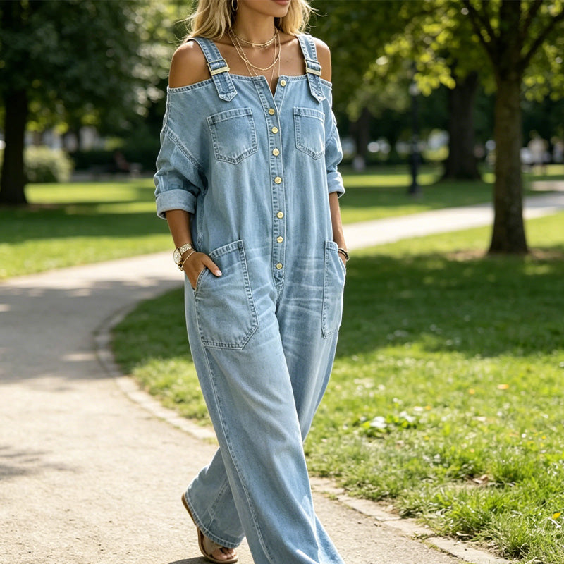 THE-ELICA | Off-Shoulder Wide-Leg Utility Jumpsuit