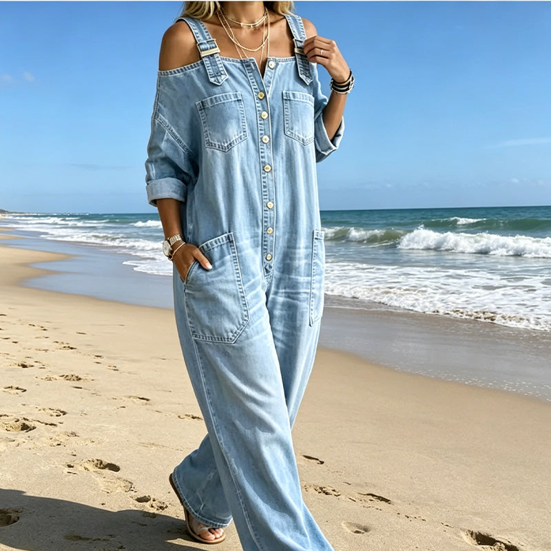 THE-ELICA | Off-Shoulder Wide-Leg Utility Jumpsuit