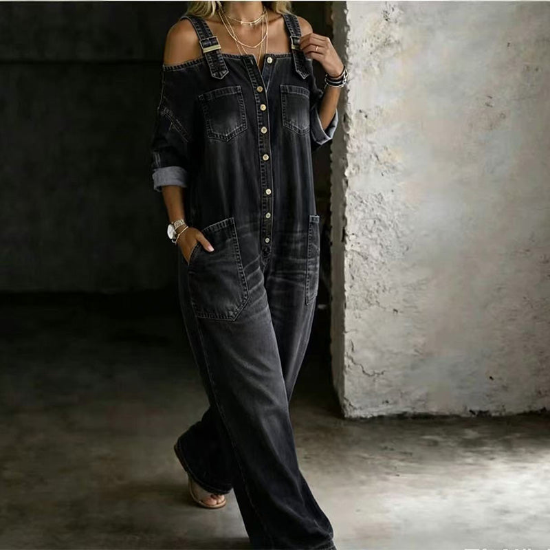 THE-ELICA | Off-Shoulder Wide-Leg Utility Jumpsuit