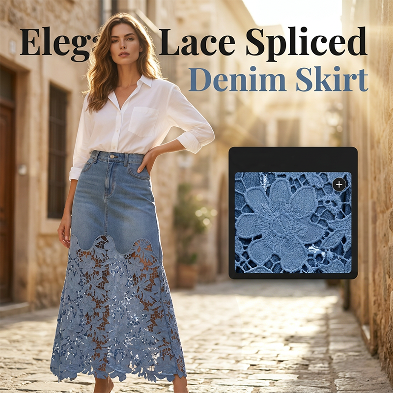Women's Floral Lace Denim Maxi Skirt with Pockets