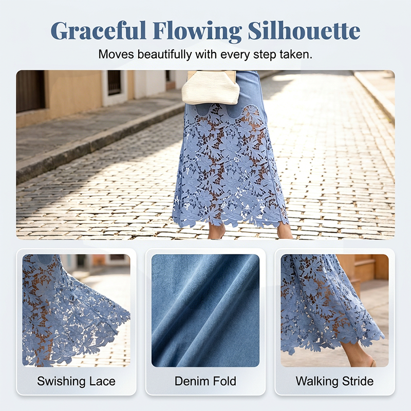 Women's Floral Lace Denim Maxi Skirt with Pockets