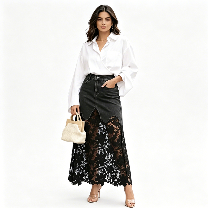 Women's Floral Lace Denim Maxi Skirt with Pockets