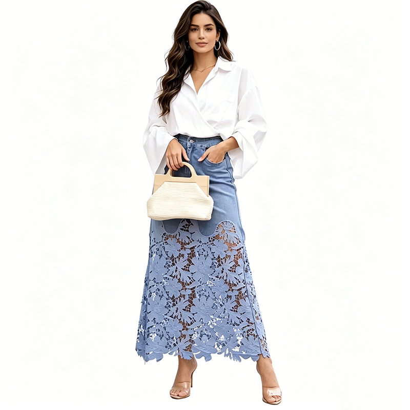 Women's Floral Lace Denim Maxi Skirt with Pockets