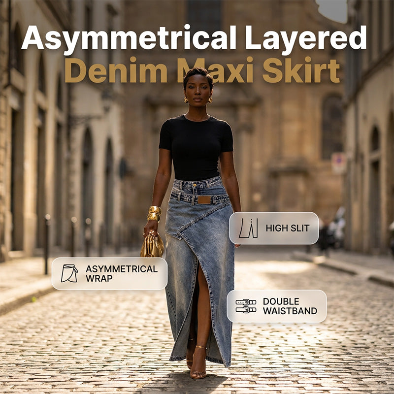 Asymmetrical Layered Denim Maxi Skirt with Front Slit