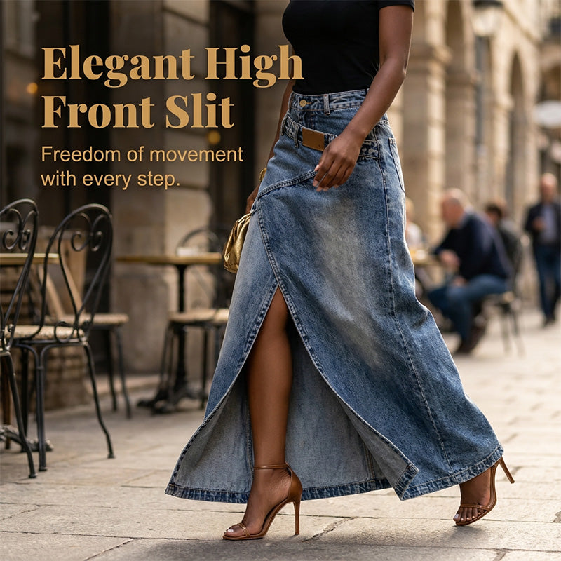 Asymmetrical Layered Denim Maxi Skirt with Front Slit