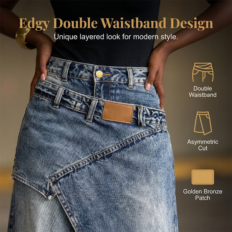 Asymmetrical Layered Denim Maxi Skirt with Front Slit