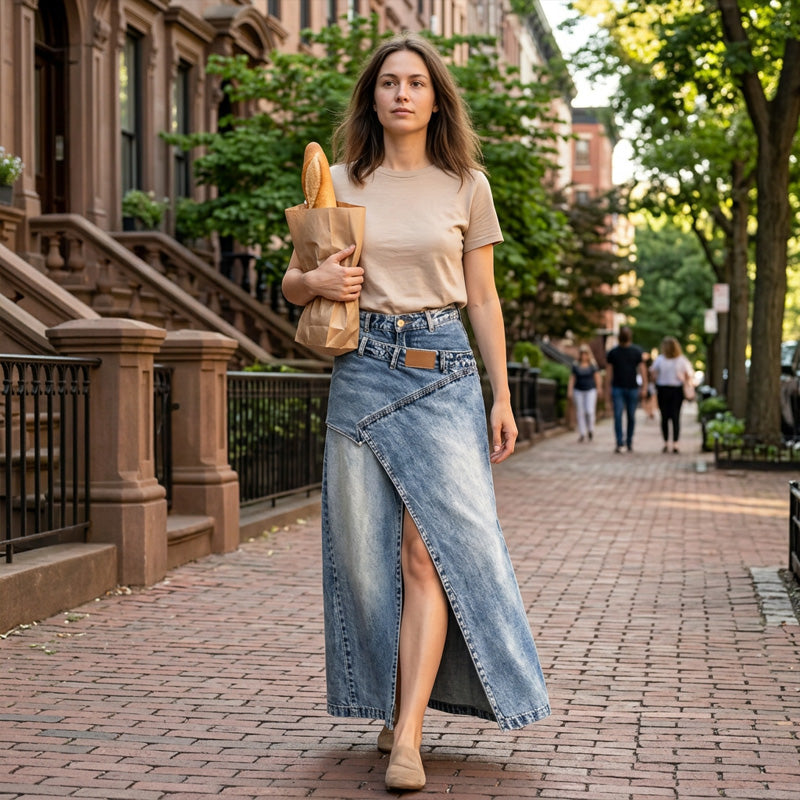 Asymmetrical Layered Denim Maxi Skirt with Front Slit