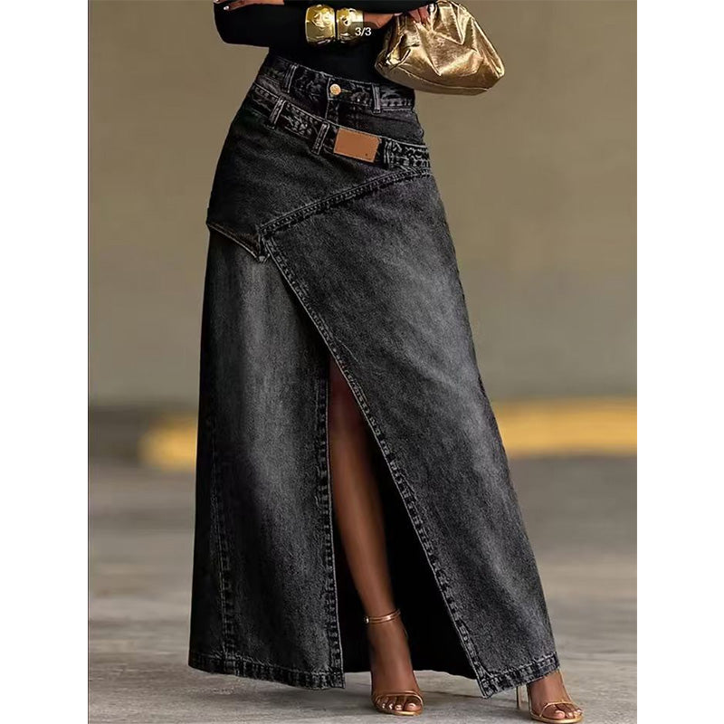 Asymmetrical Layered Denim Maxi Skirt with Front Slit