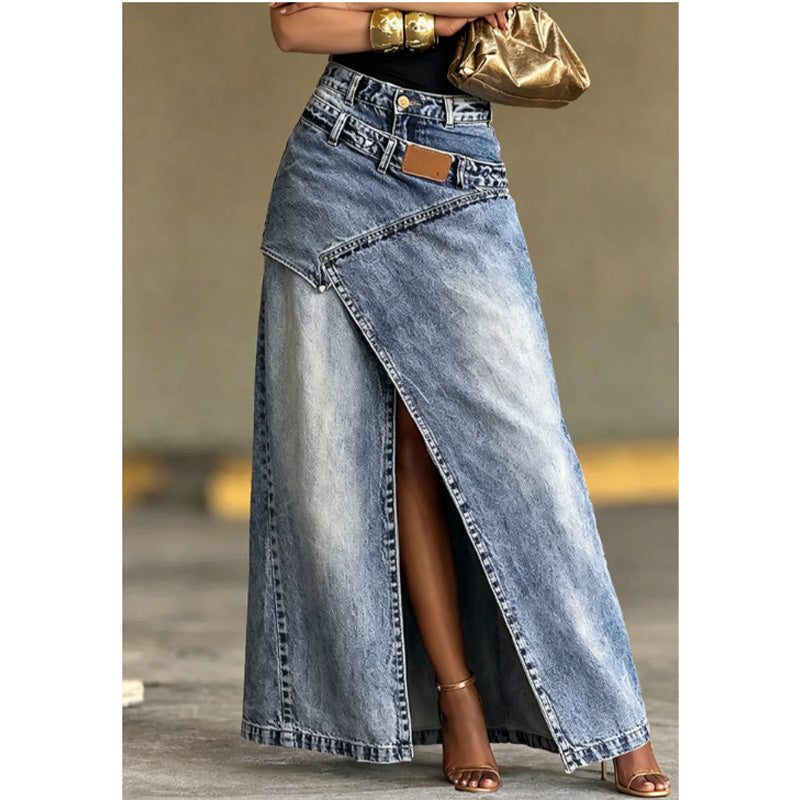Asymmetrical Layered Denim Maxi Skirt with Front Slit