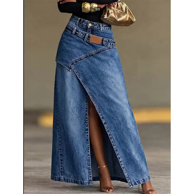 Asymmetrical Layered Denim Maxi Skirt with Front Slit