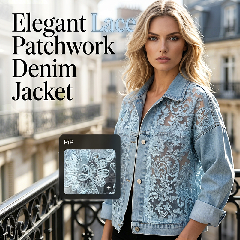 Women's Floral Lace Patchwork Denim Jacket – Lightweight Oversized Layer