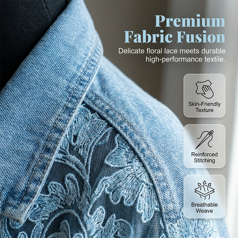 Women's Floral Lace Patchwork Denim Jacket – Lightweight Oversized Layer