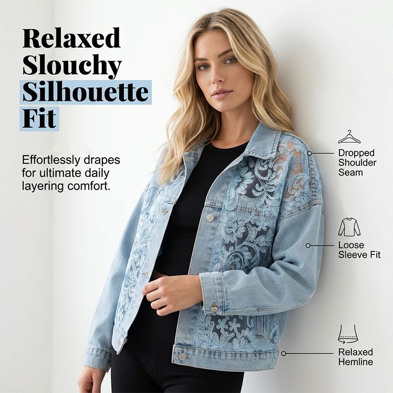 Women's Floral Lace Patchwork Denim Jacket – Lightweight Oversized Layer