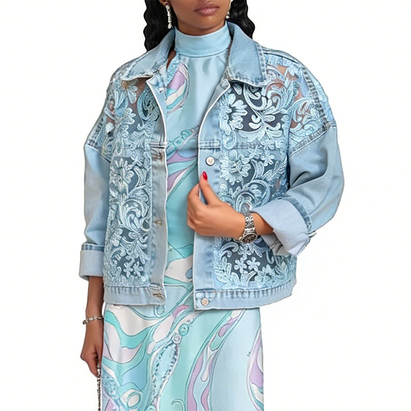 Women's Floral Lace Patchwork Denim Jacket – Lightweight Oversized Layer