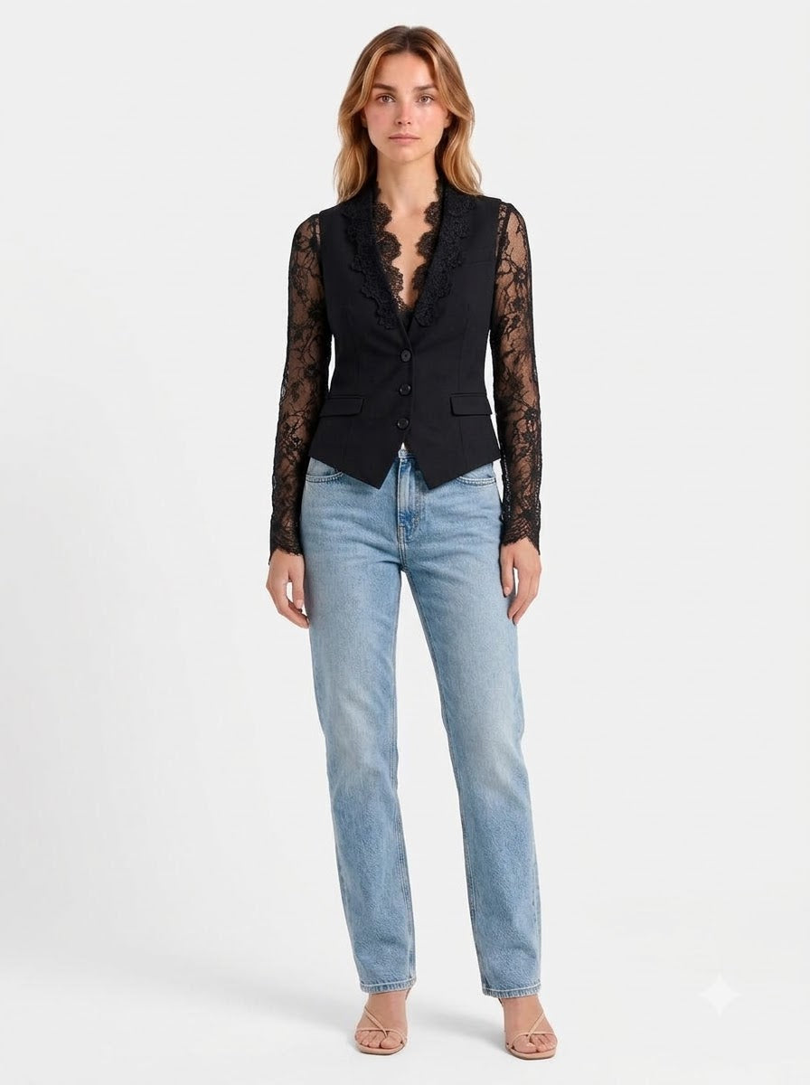 The-Elica Vittoria Sheer-Sleeve Lace Blazer - Black - front view